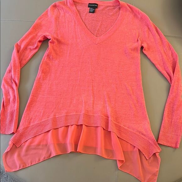Central Park West V Neck Sweater with Long Sleeve & Sheer Overlay at Hem. - Picture 1 of 5